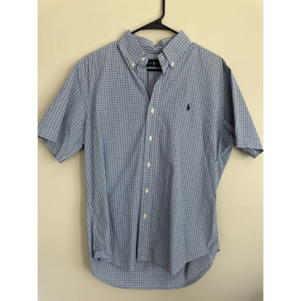 Ralph Lauren LARGE Men's Blue Check Gingham Cotton Short Sleeve Button-Up Shirt